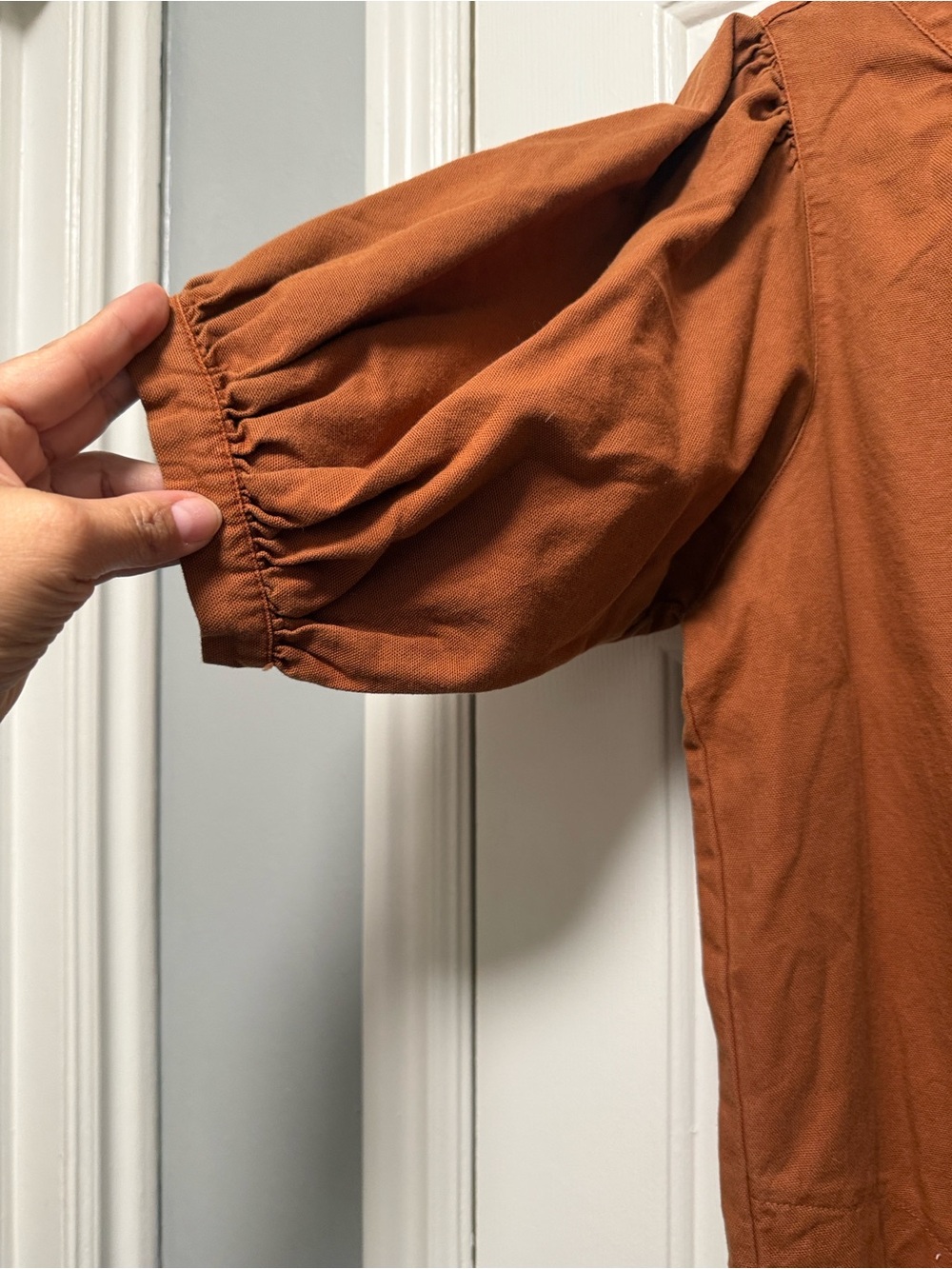 THE GREAT. Rust Button-Front Puff Sleeve jumpsuit - Picture 6 of 10